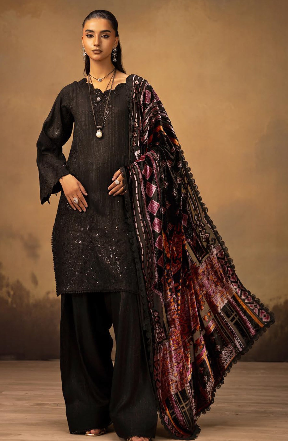 Dastan by Riaz Arts Embroidered Leather Peach Unstitched 3 Piece Suit - DS-40 - RA25DTN - Brown - Winter Collection