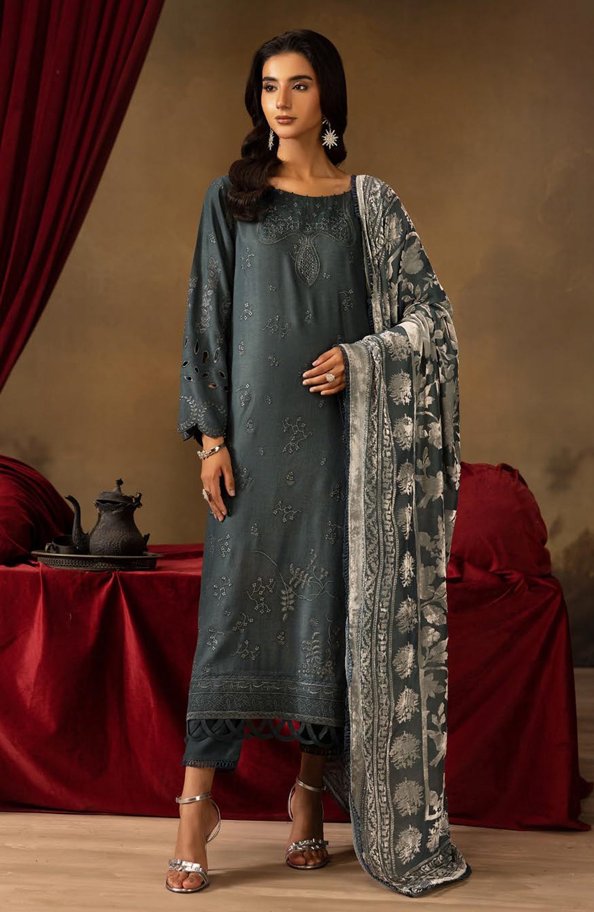 Dastan by Riaz Arts Embroidered Leather Peach Unstitched 3 Piece Suit - DS-39 - RA25DTN - Green - Winter Collection