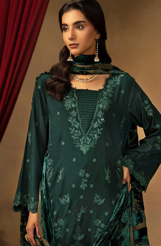 Dastan by Riaz Arts Embroidered Leather Peach Unstitched 3 Piece Suit - DS-38 - RA25DTN - Green - Winter Collection