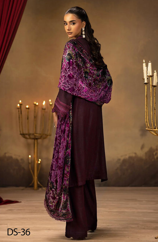 Dastan by Riaz Arts Embroidered Leather Peach Unstitched 3 Piece Suit - DS-36 - RA25DTN - Purple - Winter Collection