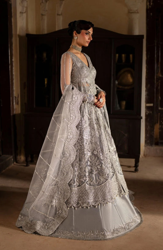 Dastan e Ishq by AJR Luxury Embroidered Net Unstitched 3 Piece Suit - AJR-DS-08 MEHAR - AJR25DST - Silver - Festive Formals Collection