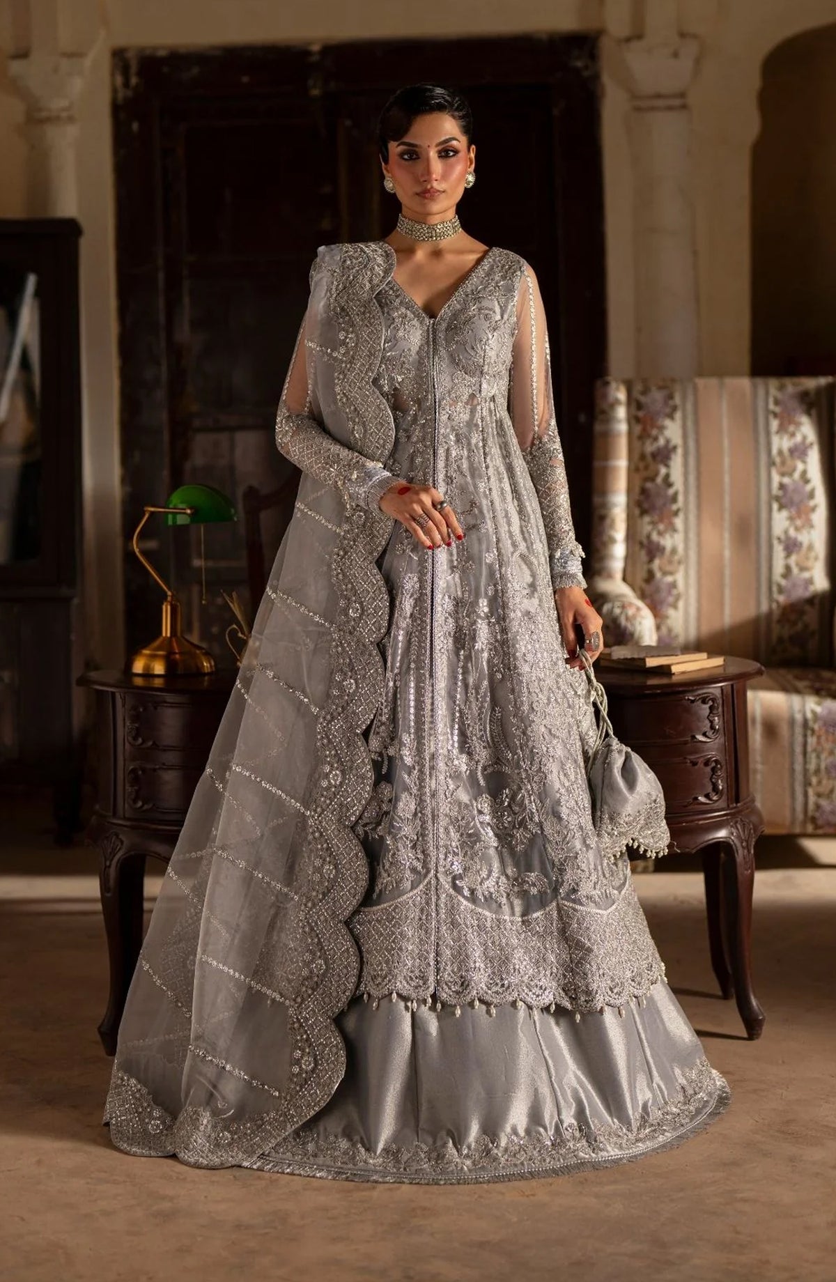 Dastan e Ishq by AJR Luxury Embroidered Net Unstitched 3 Piece Suit - AJR-DS-08 MEHAR - AJR25DST - Silver - Festive Formals Collection