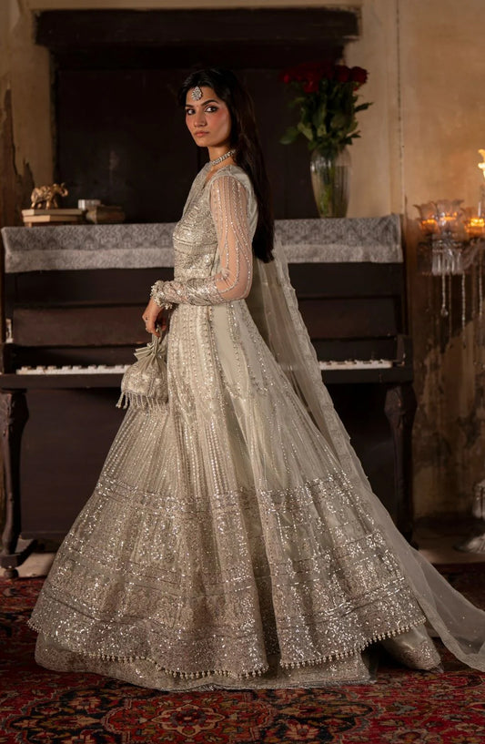Dastan e Ishq by AJR Luxury Embroidered Net Unstitched 3 Piece Suit - AJR-DS-05 ROOHI - AJR25DST - Silver - Festive Formals Collection