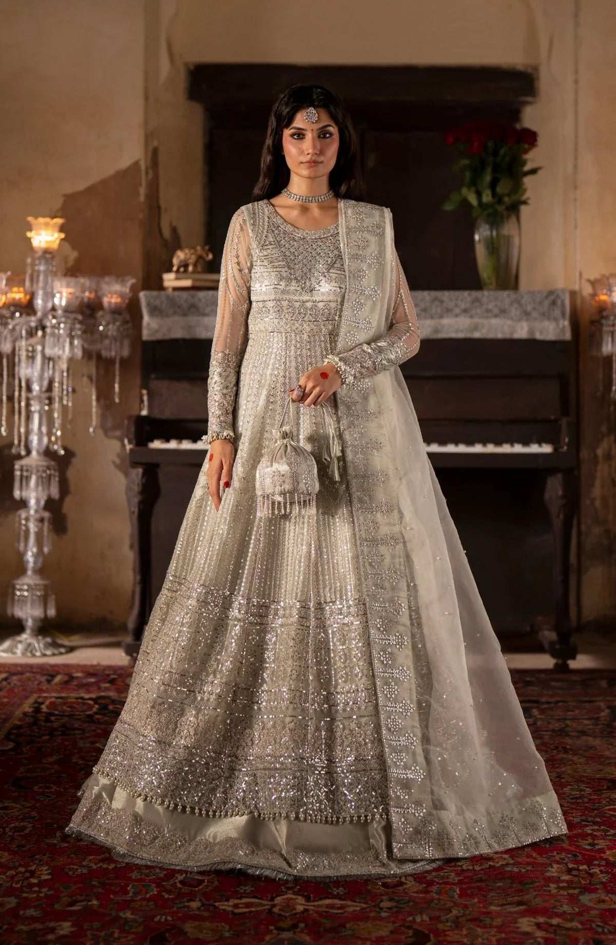 Dastan e Ishq by AJR Luxury Embroidered Net Unstitched 3 Piece Suit - AJR-DS-05 ROOHI - AJR25DST - Silver - Festive Formals Collection