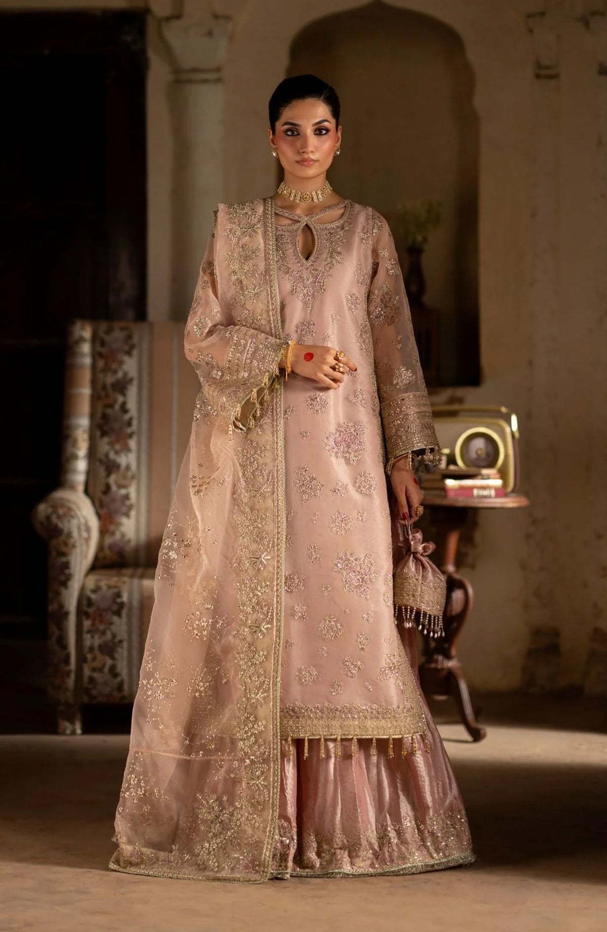 Dastan e Ishq by AJR Luxury Embroidered Organza Unstitched 3 Piece Suit - AJR-DS-04 ZEHRA - AJR25DST - Pink - Festive Formals Collection