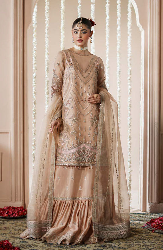 Dastoor by Zebtan Luxury Embroidered Net Unstitched 3 Piece Suit - DR-03 - ZBT25DS - Fawn - Formals Collection