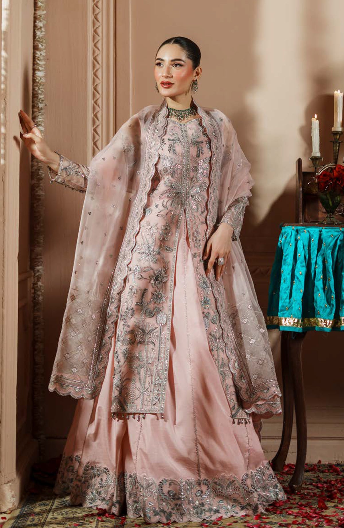 Dastoor by Zebtan Luxury Embroidered Net Unstitched 3 Piece Suit - DR-01 - ZBT25DS - Pink - Formals Collection