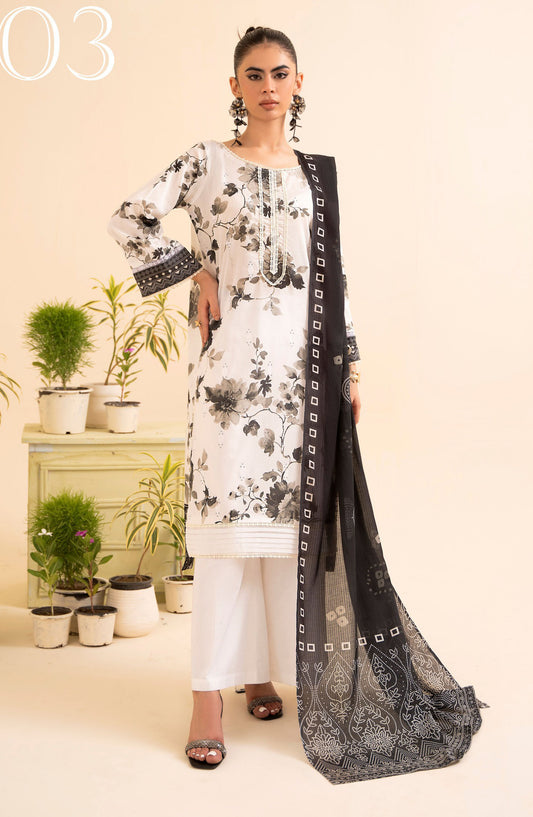Day Dream by Mahay Digital Printed Chikankari Unstitched 3 Piece Suit - Design-03 - AK25MDD - White - Summer Collection