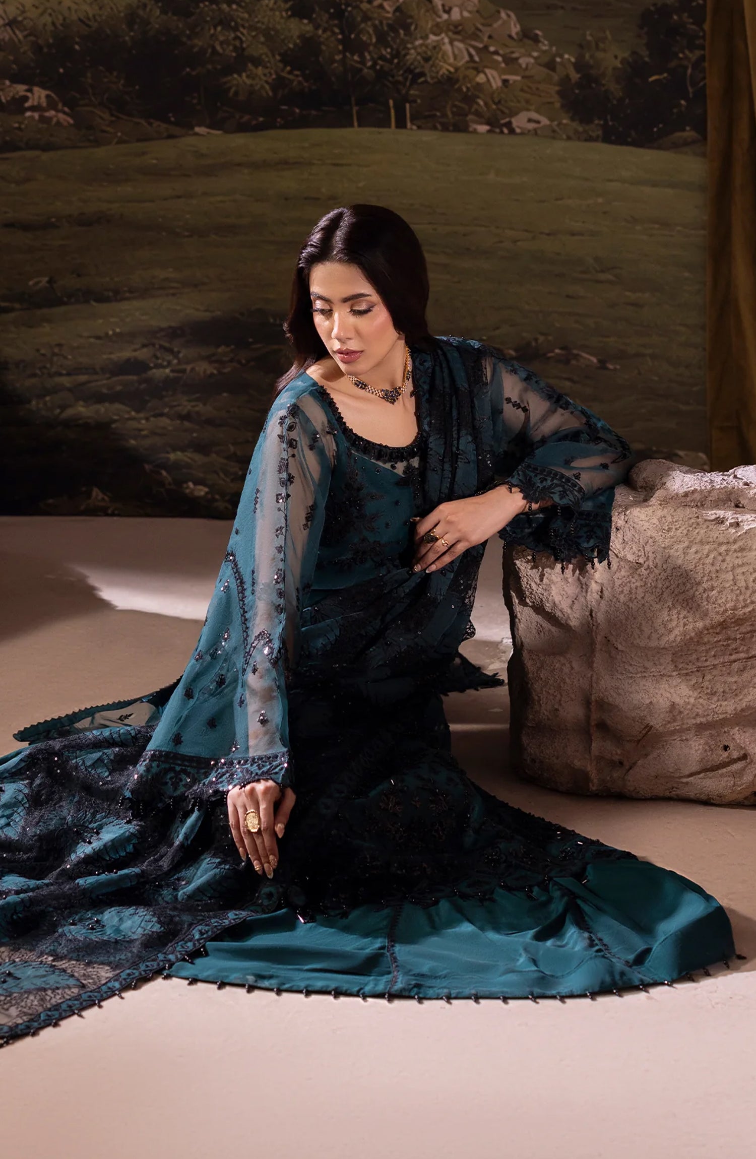 Dehleez by Al Karim Embroidered Organza Unstitched 3 Piece Suit - DL-51 - AK26DLZ - Teal - Formal Collection