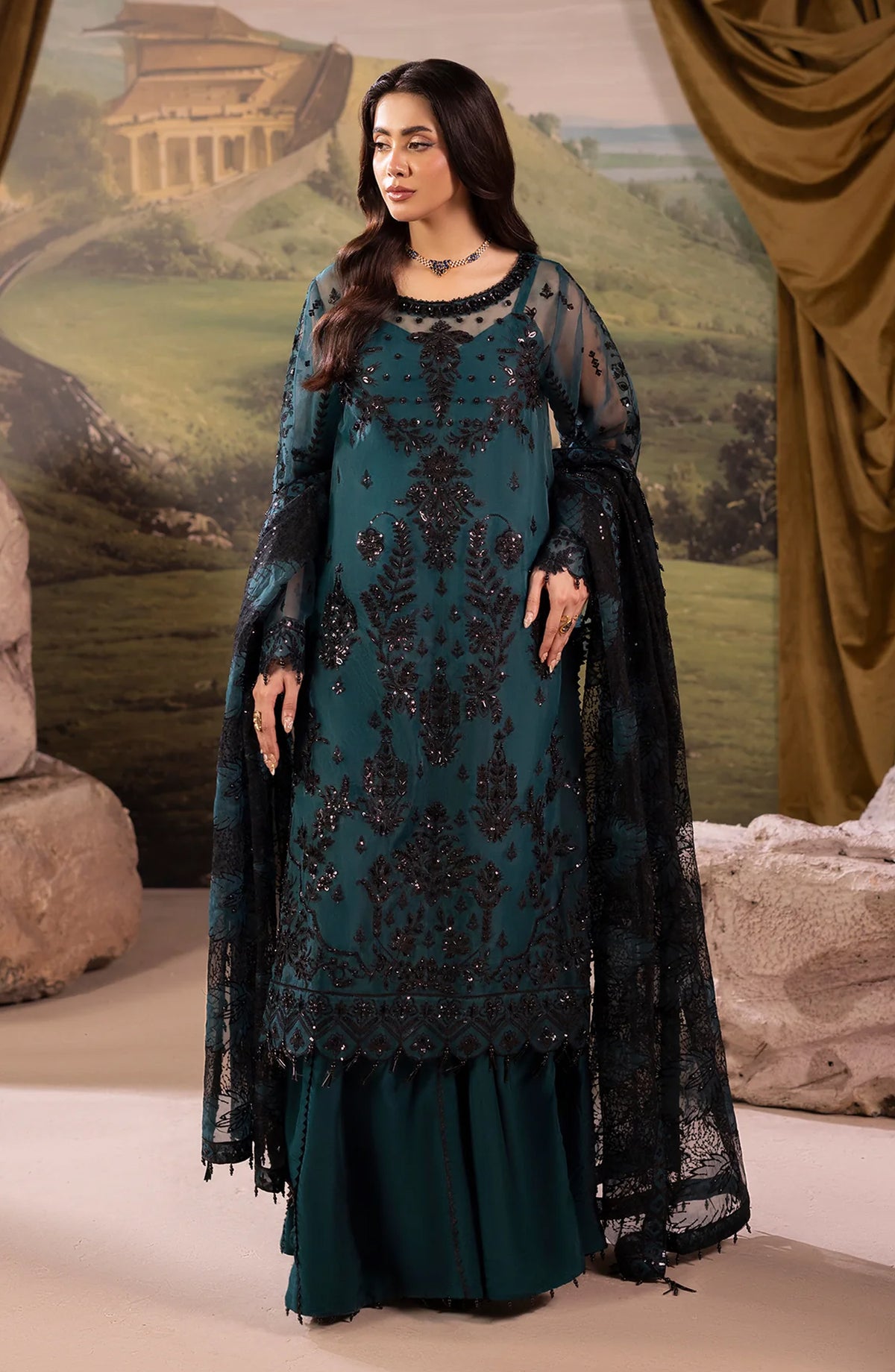 Dehleez by Al Karim Embroidered Organza Unstitched 3 Piece Suit - DL-51 - AK26DLZ - Teal - Formal Collection