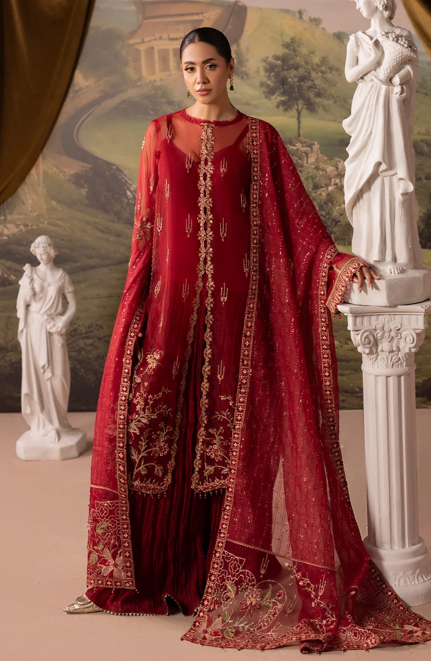 Dehleez by Al Karim Embroidered Organza Unstitched 3 Piece Suit - DL-53 - AK26DLZ - Red - Formal Collection