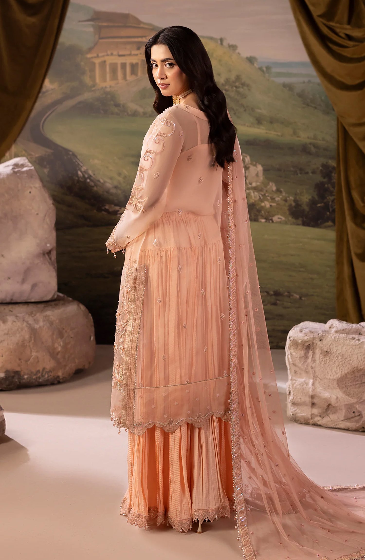 Dehleez by Al Karim Embroidered Organza Unstitched 3 Piece Suit - DL-54 - AK26DLZ - Peach - Formal Collection
