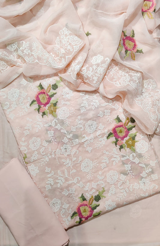 Amna Khadija Exclusive Cross Stitch Embroidered Lawn Unstitched 3 Piece Suit - Design-01 - AM25CRST - Pink - Summer Collection