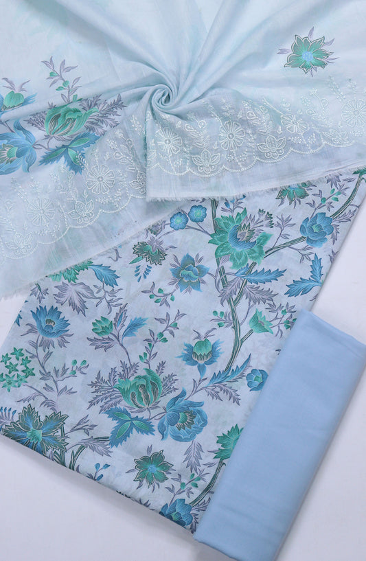 Amna Khadija Minza Embroidered Lawn Unstitched 3 Piece Suit - Design-04 - AM25MINZ - Sky Blue - Summer Collection
