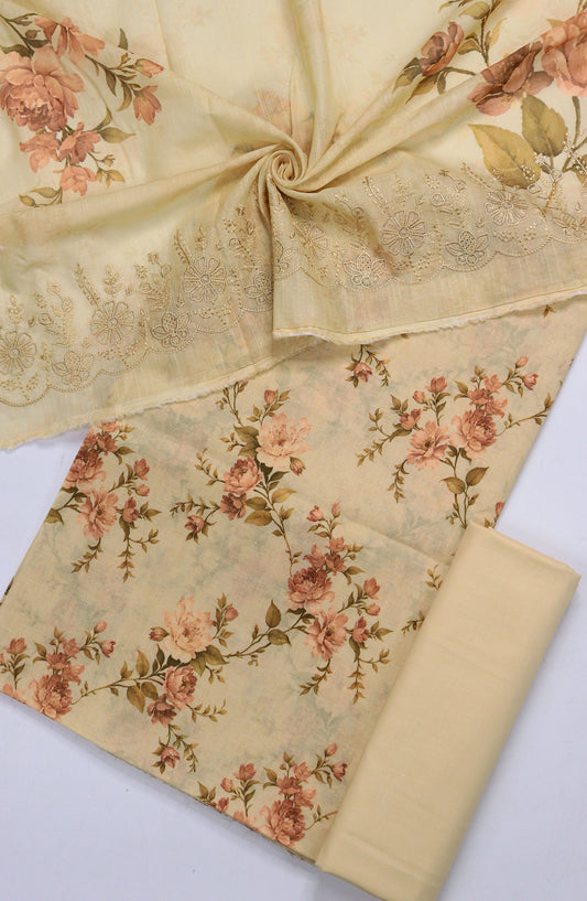 Amna Khadija Minza Embroidered Lawn Unstitched 3 Piece Suit - Design-05 - AM25MINZ - Fawn - Summer Collection