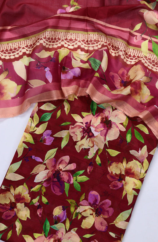Amna Khadija Full Suit Dupatta Printed Bana Dora Lawn Unstitched 3 Piece Suit - Design-17 - AM25KFLS - Red - Summer Collection