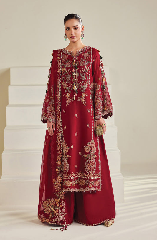 Dhaagay by Alizeh Embroidered Chiffon Unstitched 3 Piece Suit - 09-Suraira - ALZ26DHG - Red - Festive Collection
