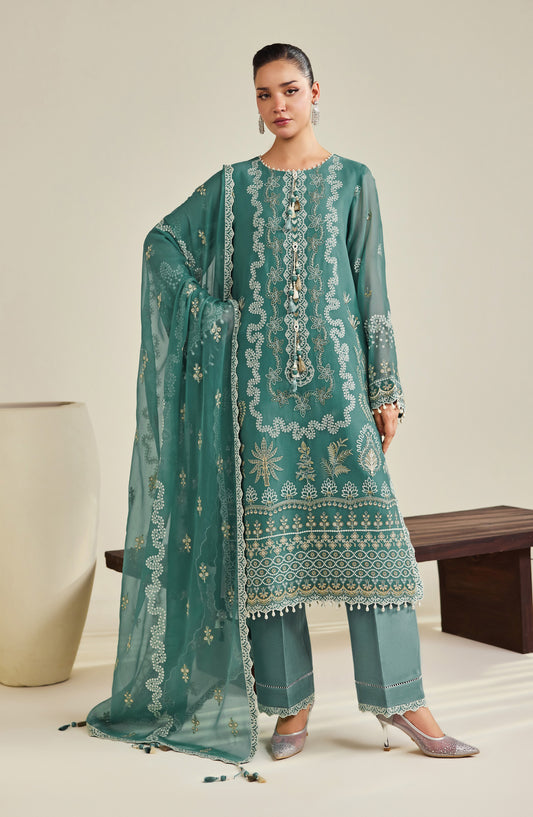 Dhaagay by Alizeh Embroidered Chiffon Unstitched 3 Piece Suit - 08-Zarqa - ALZ26DHG - Sea Green - Festive Collection