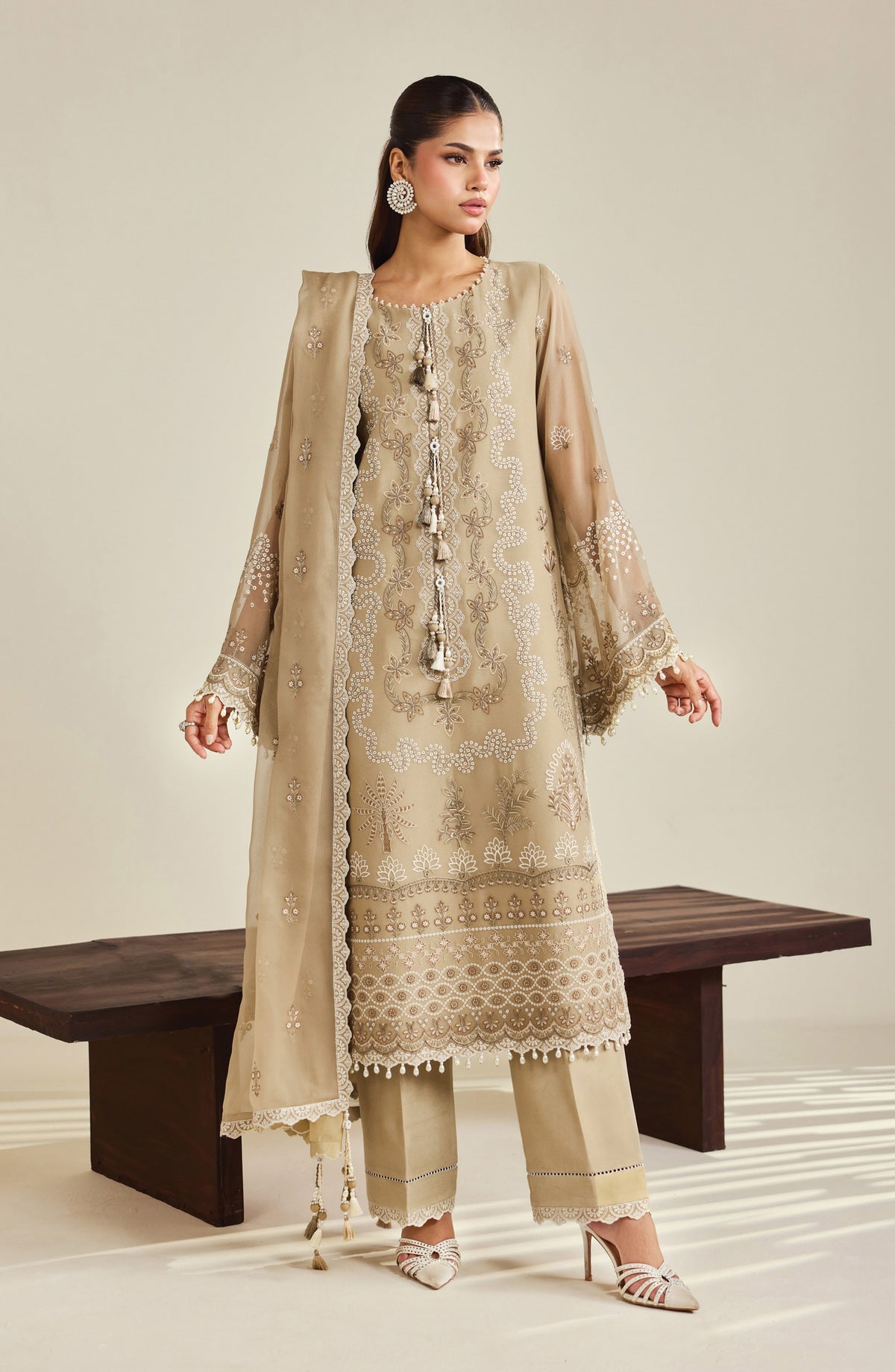 Dhaagay by Alizeh Embroidered Chiffon Unstitched 3 Piece Suit - 07-Azeen - ALZ26DHG - Beige - Festive Collection
