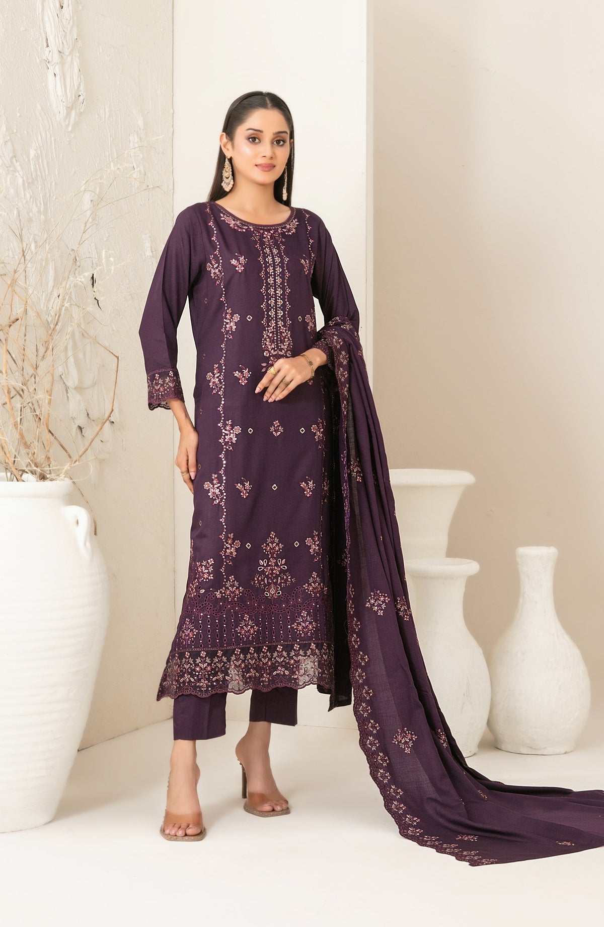 Dhoop Kinaray by Tawakkal Fabrics Embroidered Viscose Slub Unstitched 3 Piece Suit - D-5071 - TF25DHP - Purple - Winter Collection