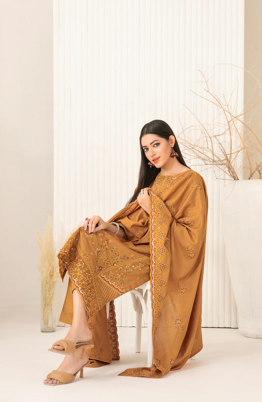 Dhoop Kinaray by Tawakkal Fabrics Embroidered Viscose Slub Unstitched 3 Piece Suit - D-5070 - TF25DHP - Mustard - Winter Collection