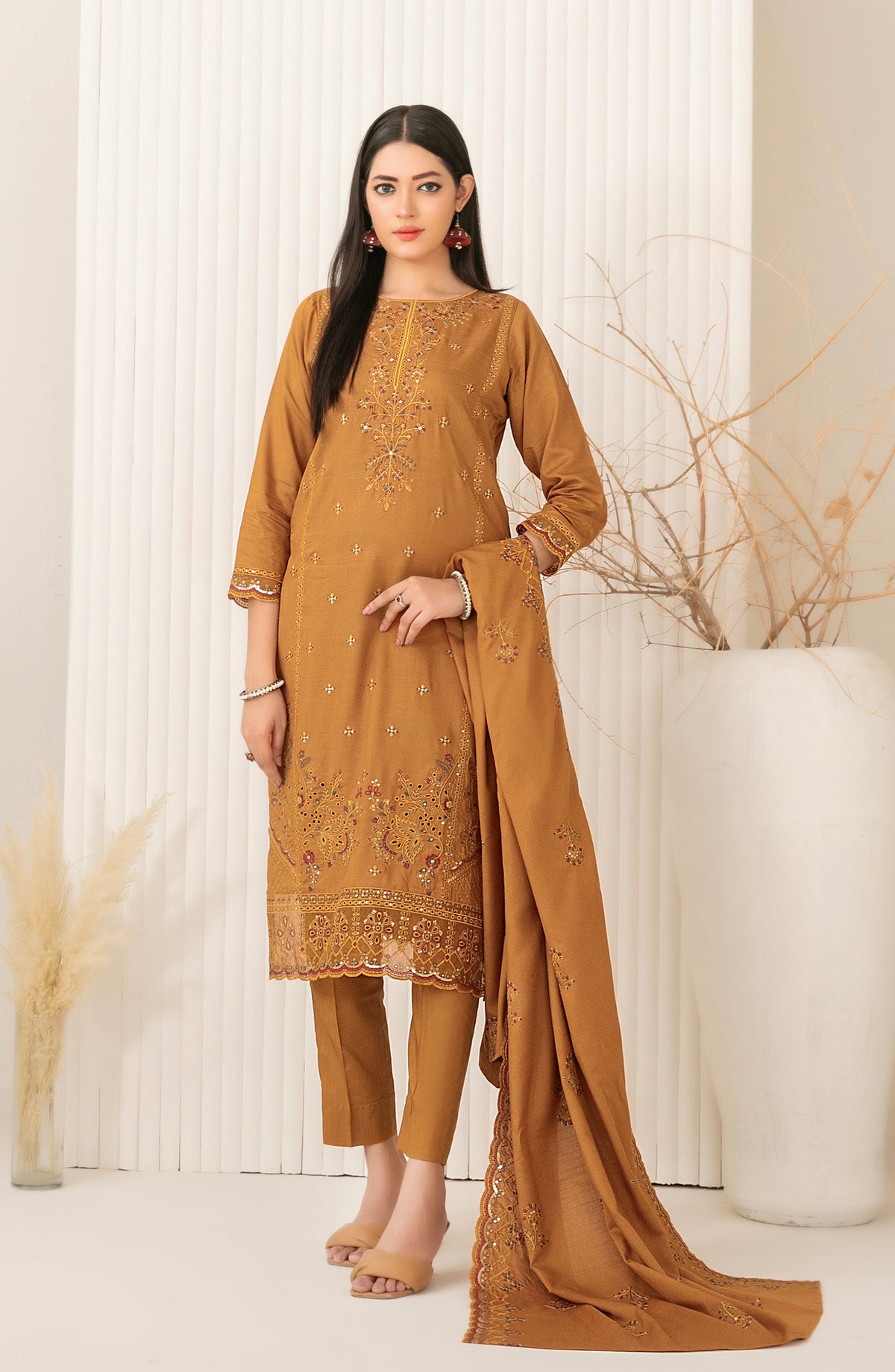 Dhoop Kinaray by Tawakkal Fabrics Embroidered Viscose Slub Unstitched 3 Piece Suit - D-5070 - TF25DHP - Mustard - Winter Collection