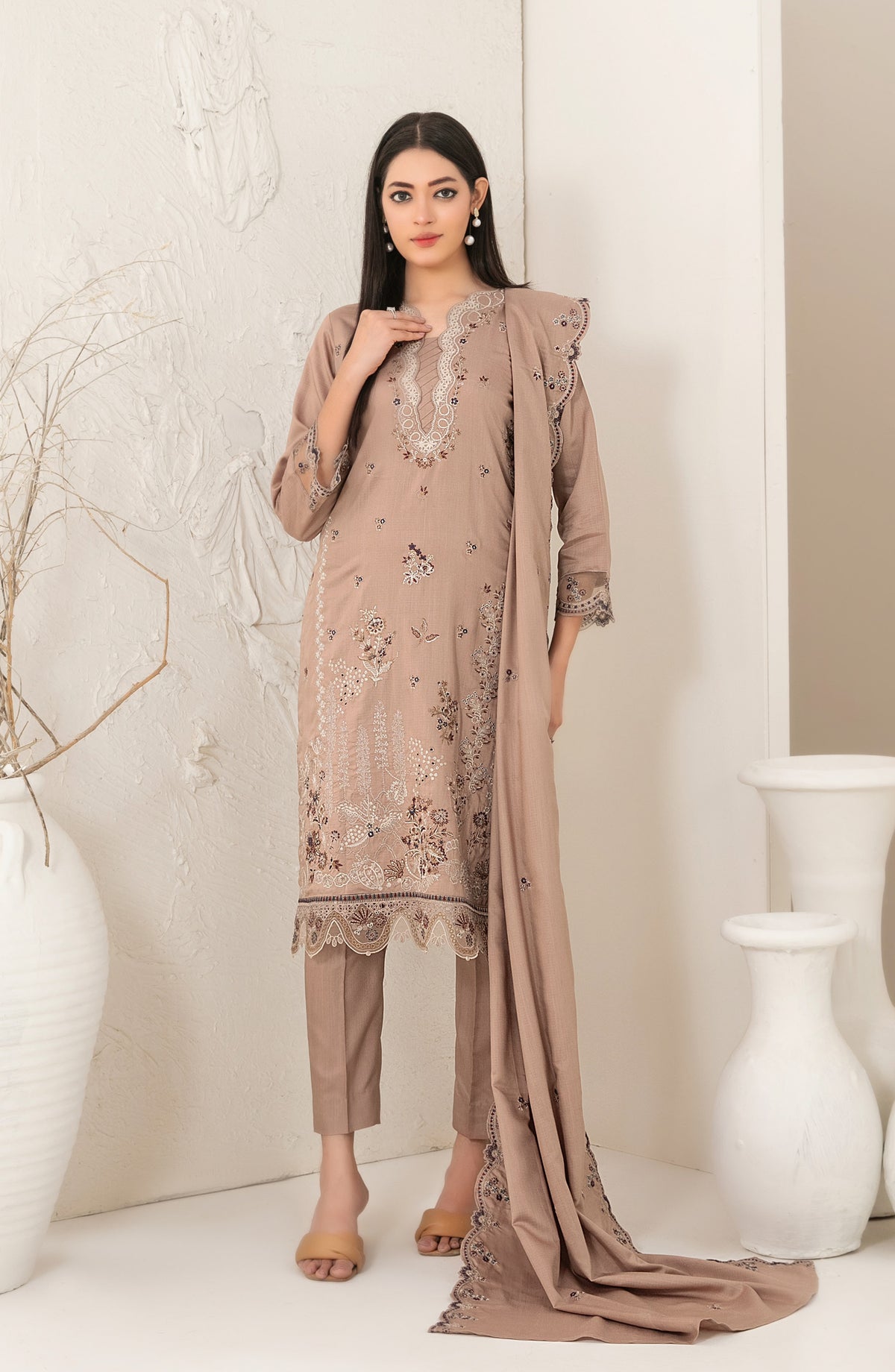 Dhoop Kinaray by Tawakkal Fabrics Embroidered Viscose Slub Unstitched 3 Piece Suit - D-5067 - TF25DHP - Beige - Winter Collection