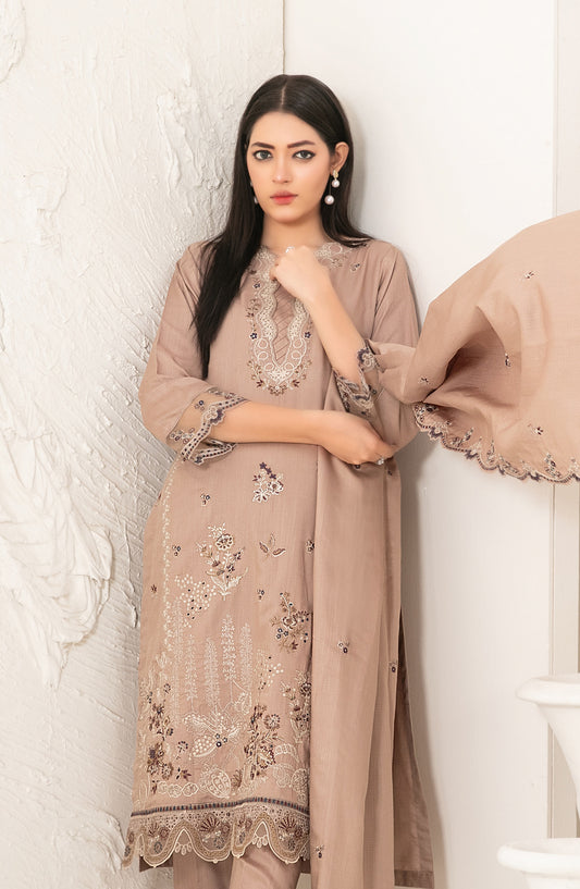 Dhoop Kinaray by Tawakkal Fabrics Embroidered Viscose Slub Unstitched 3 Piece Suit - D-5067 - TF25DHP - Beige - Winter Collection