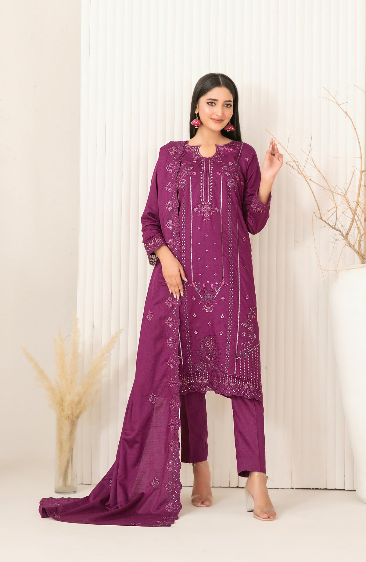 Dhoop Kinaray by Tawakkal Fabrics Embroidered Viscose Slub Unstitched 3 Piece Suit - D-5066 - TF25DHP - Purple - Winter Collection