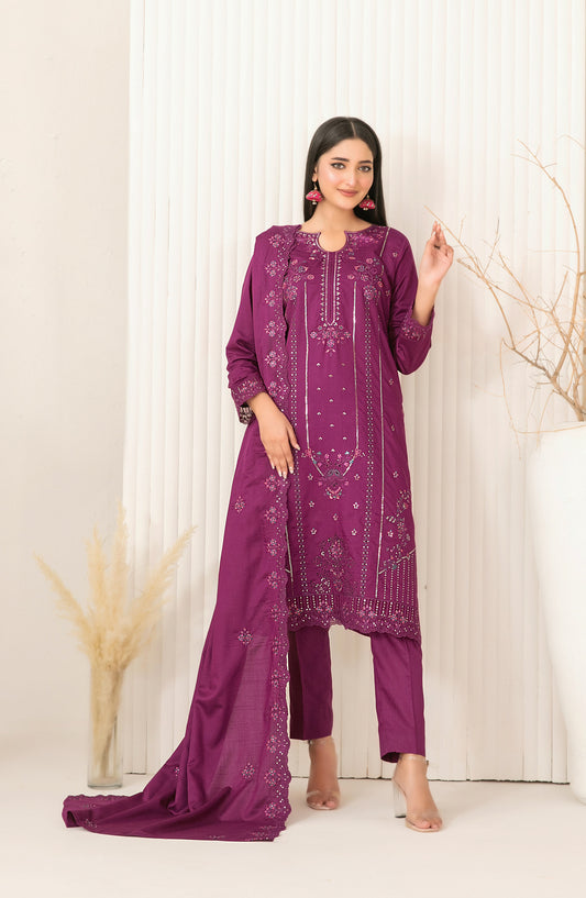 Dhoop Kinaray by Tawakkal Fabrics Embroidered Viscose Slub Unstitched 3 Piece Suit - D-5066 - TF25DHP - Purple - Winter Collection