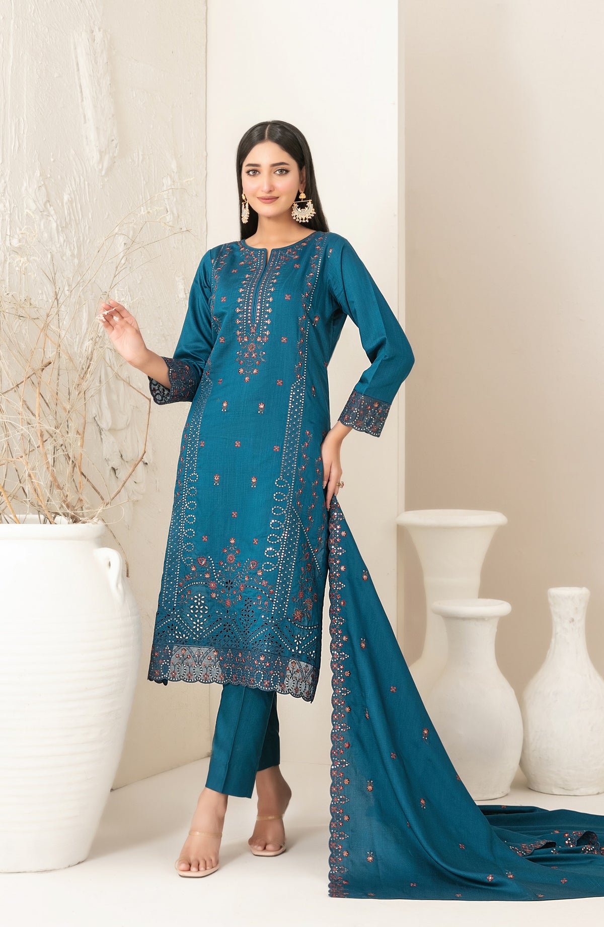 Dhoop Kinaray by Tawakkal Fabrics Embroidered Viscose Slub Unstitched 3 Piece Suit - D-5065 - TF25DHP - Blue - Winter Collection