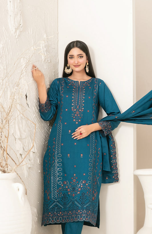 Dhoop Kinaray by Tawakkal Fabrics Embroidered Viscose Slub Unstitched 3 Piece Suit - D-5065 - TF25DHP - Blue - Winter Collection