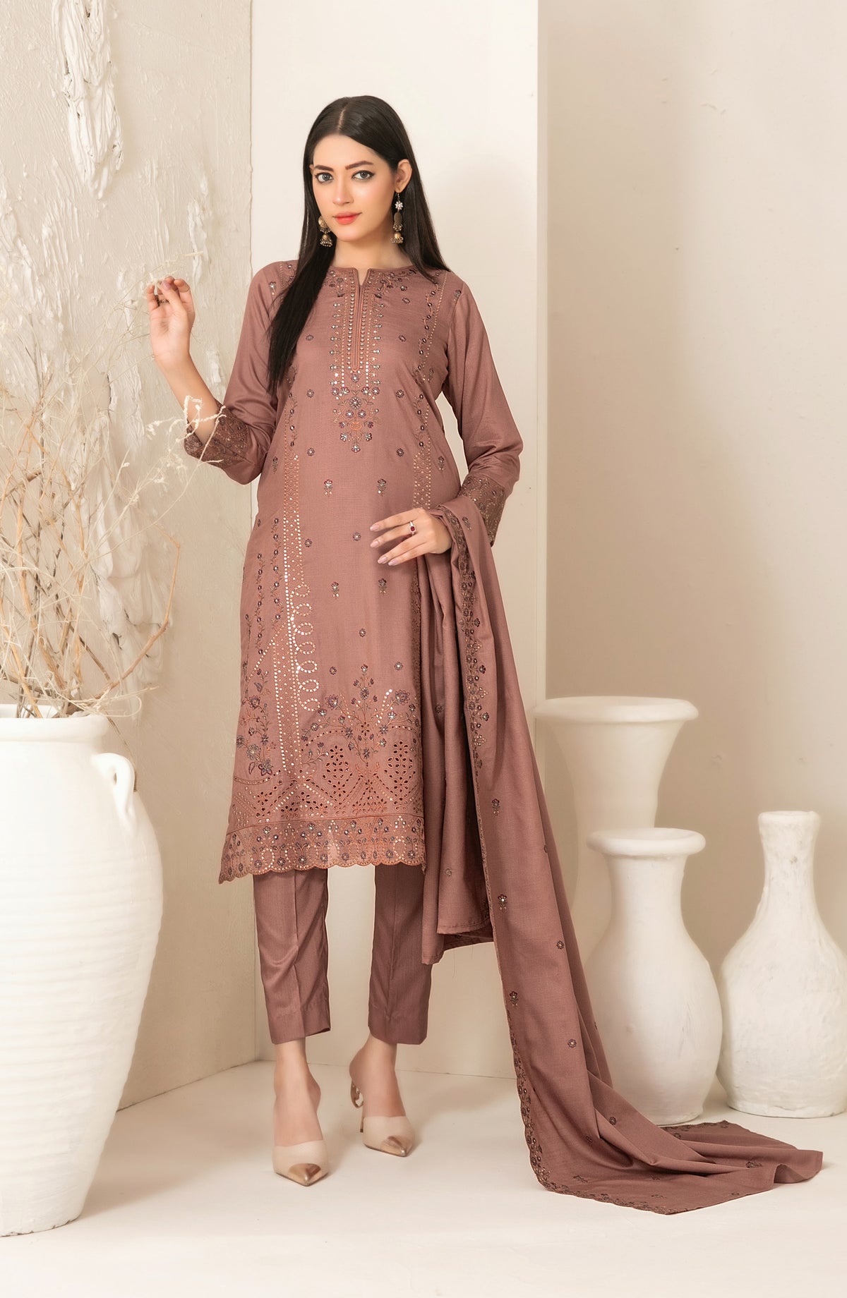 Dhoop Kinaray by Tawakkal Fabrics Embroidered Viscose Slub Unstitched 3 Piece Suit - D-5064 - TF25DHP - Pink - Winter Collection