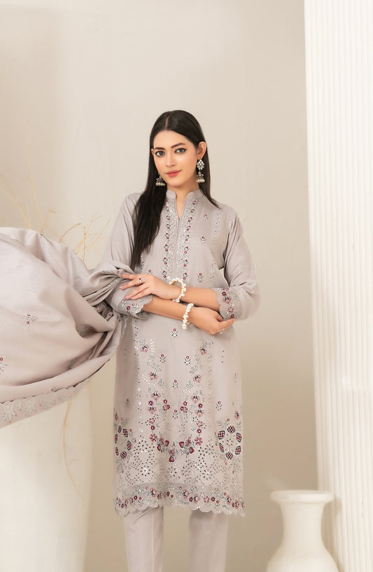 Dhoop Kinaray by Tawakkal Fabrics Embroidered Viscose Slub Unstitched 3 Piece Suit - D-5062 - TF25DHP - Grey - Winter Collection