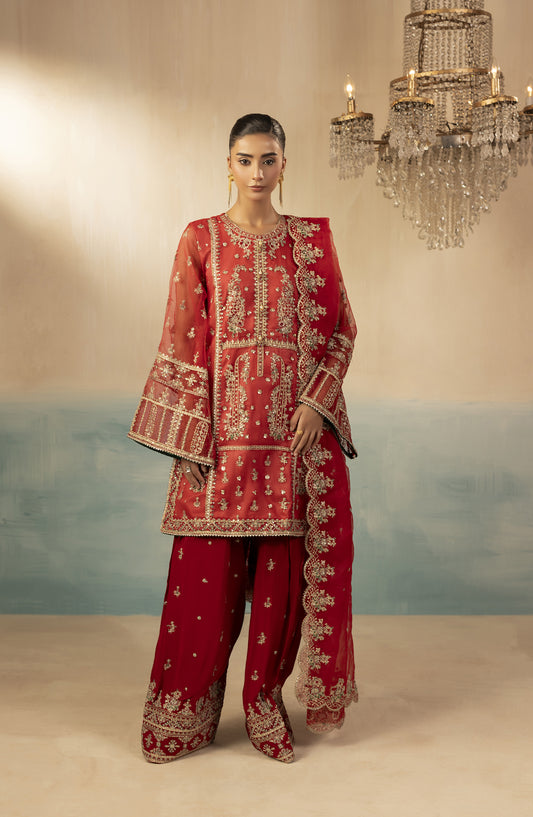 Diara Couture Signature Embroidered Organza Stitched 3 Piece Suit - INSHA - DC25SGN - Red - Luxury Collection