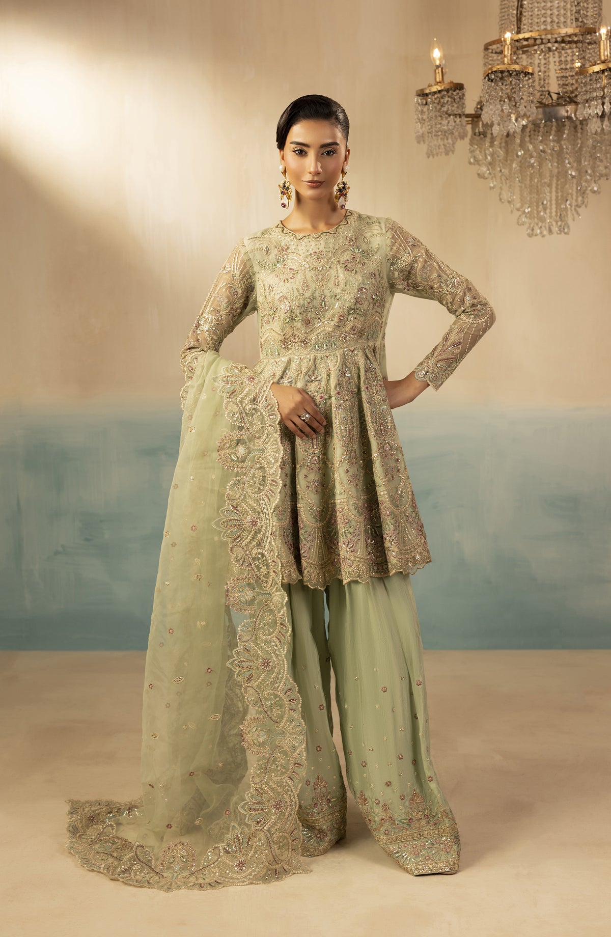 Diara Couture Signature Embroidered Organza Stitched 3 Piece Suit - REET - DC25SGN - Mint - Luxury Collection