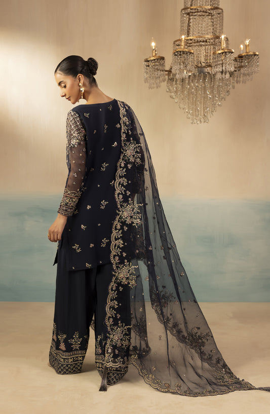 Diara Couture Signature Embroidered Organza Stitched 3 Piece Suit - JUGNU - DC25SGN - Navy Blue - Luxury Collection