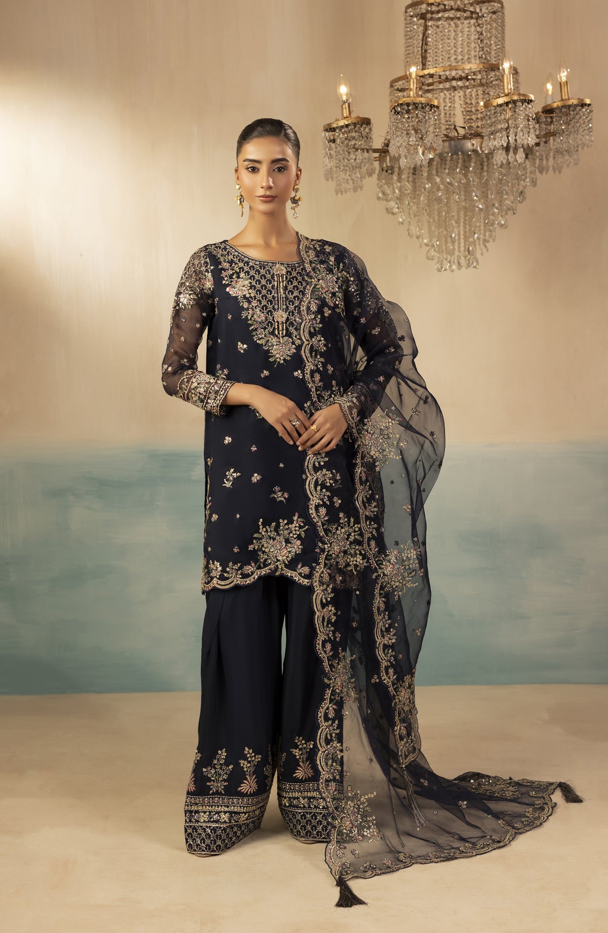 Diara Couture Signature Embroidered Organza Stitched 3 Piece Suit - JUGNU - DC25SGN - Navy Blue - Luxury Collection
