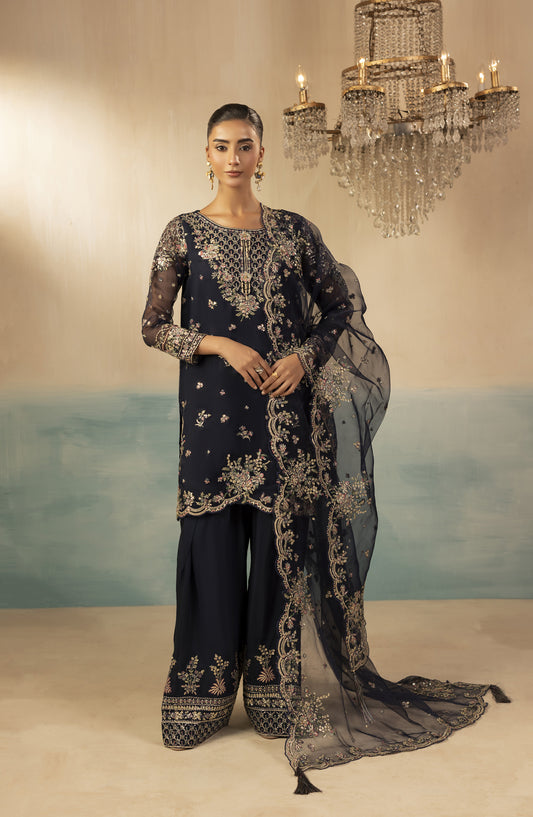 Diara Couture Signature Embroidered Organza Stitched 3 Piece Suit - JUGNU - DC25SGN - Navy Blue - Luxury Collection