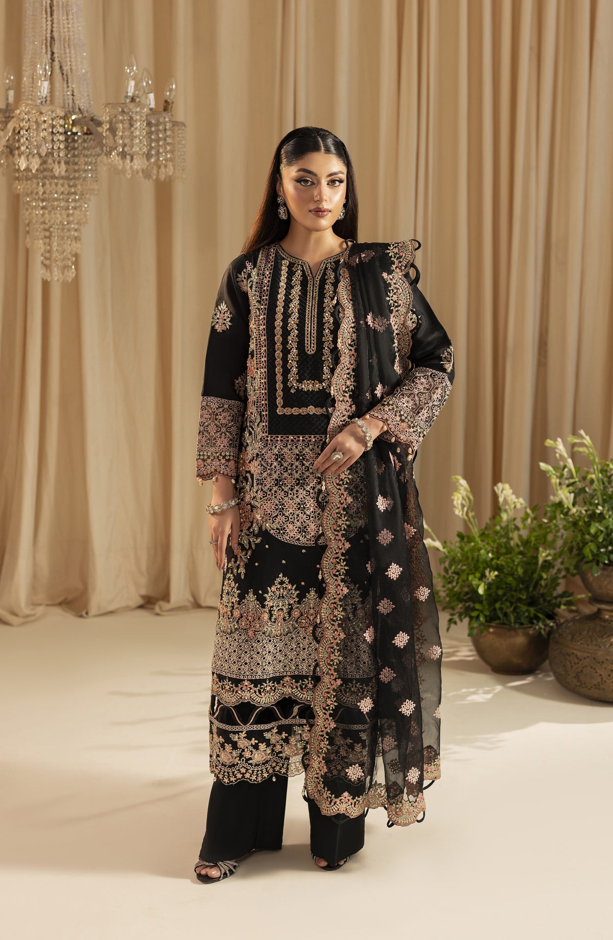 Diara Couture Suave Embroidered Organza Stitched 3 Piece Suit - SVARA UN-01 - DC25SUV - Black - Festive Collection