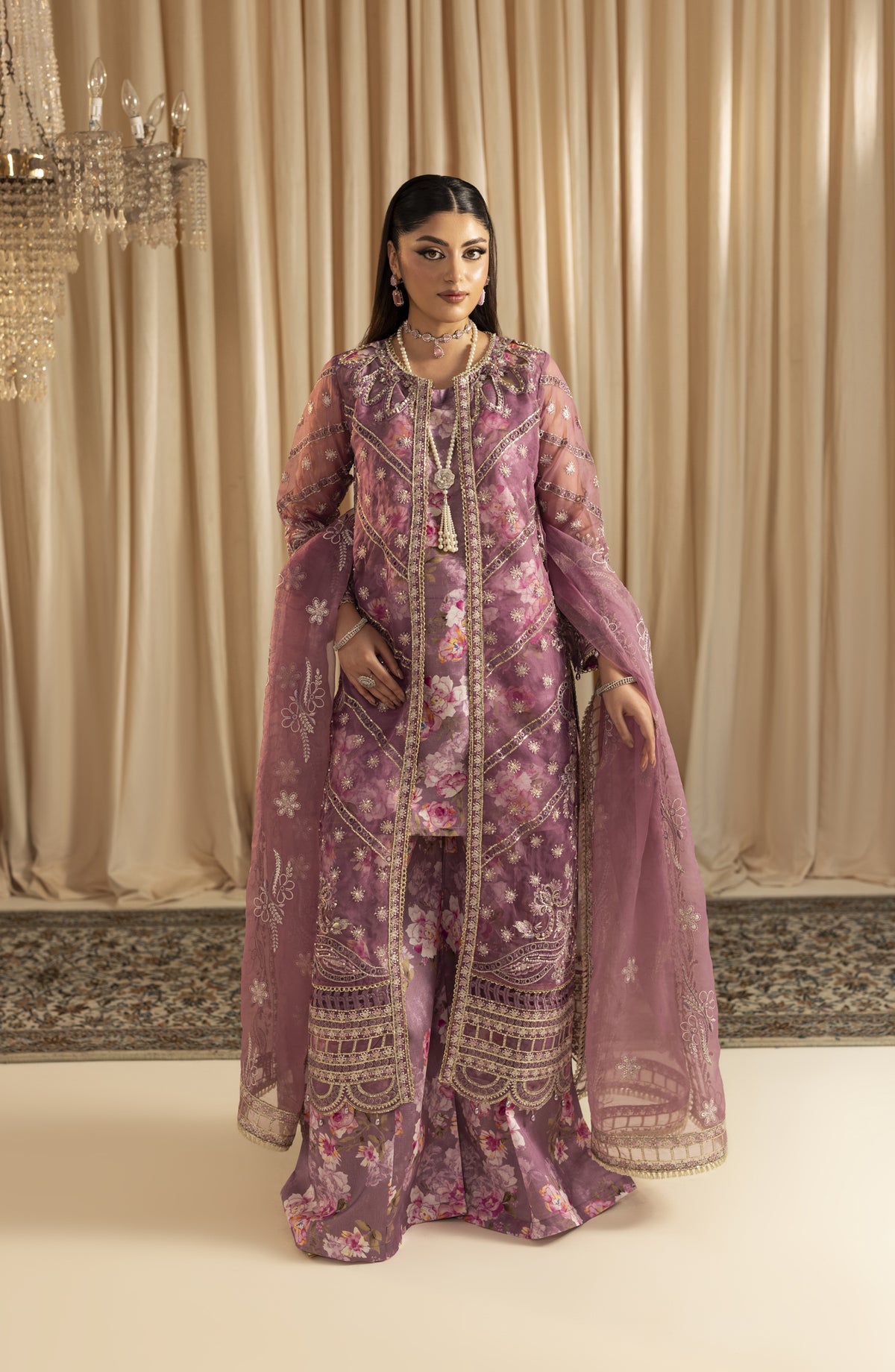 Diara Couture Suave Embroidered Organza Stitched 3 Piece Suit - KESARI UN-08 - DC25SUV - Lavender - Festive Collection