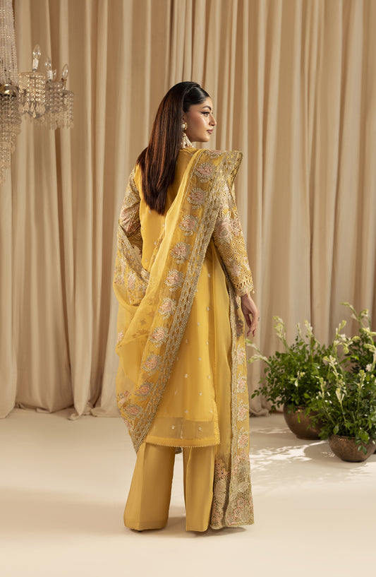 Diara Couture Suave Embroidered Organza Stitched 3 Piece Suit - ELZIRA UN-06 - DC25SUV - Mustard - Festive Collection