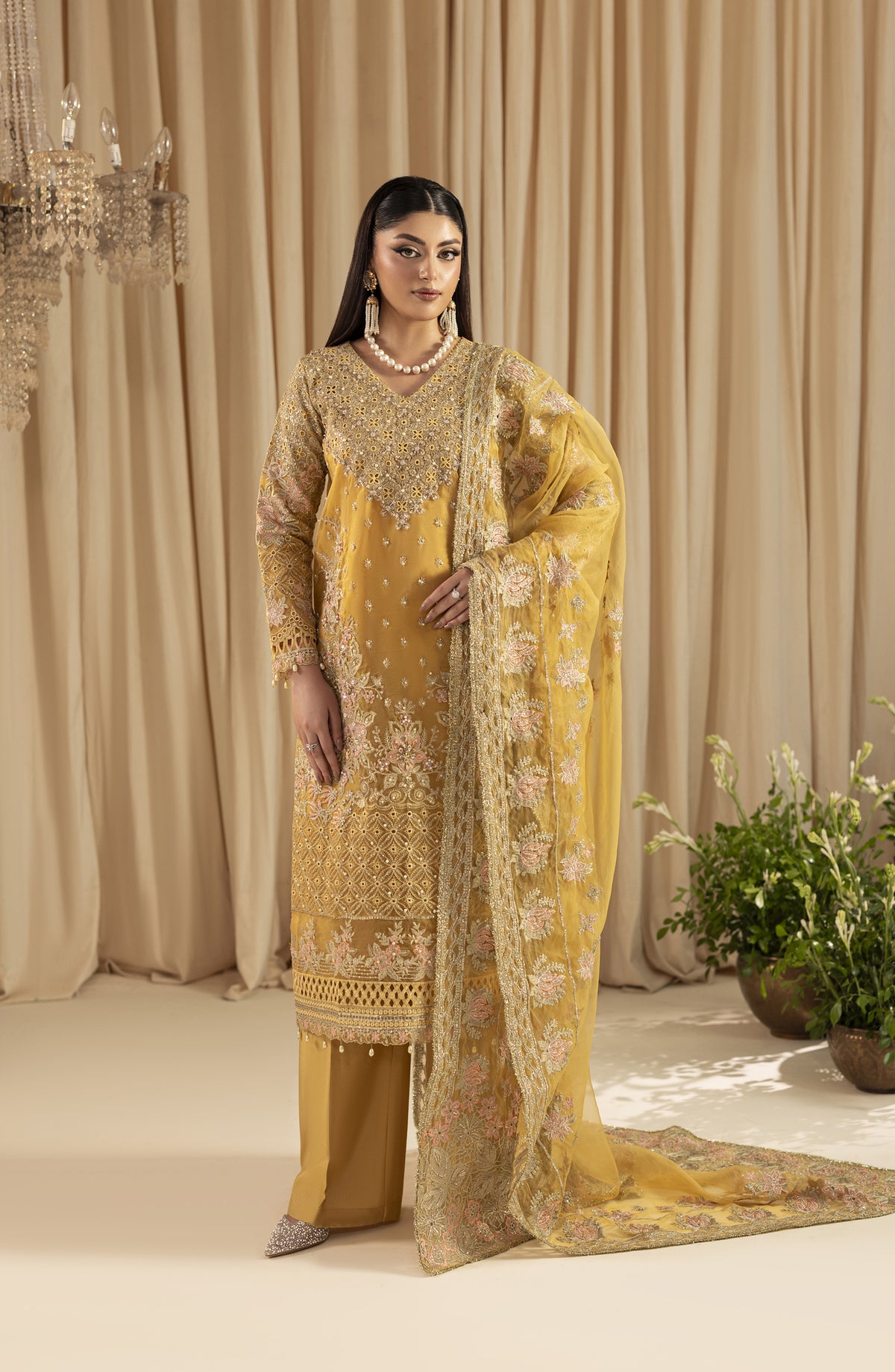 Diara Couture Suave Embroidered Organza Stitched 3 Piece Suit - ELZIRA UN-06 - DC25SUV - Mustard - Festive Collection