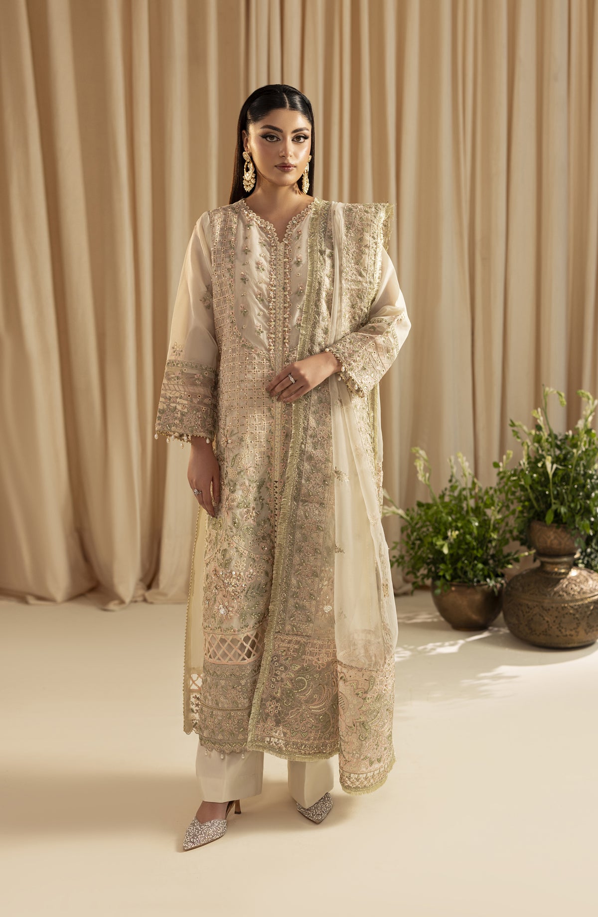 Diara Couture Suave Embroidered Organza Stitched 3 Piece Suit - CARISSE UN-03 - DC25SUV - Ivory - Festive Collection