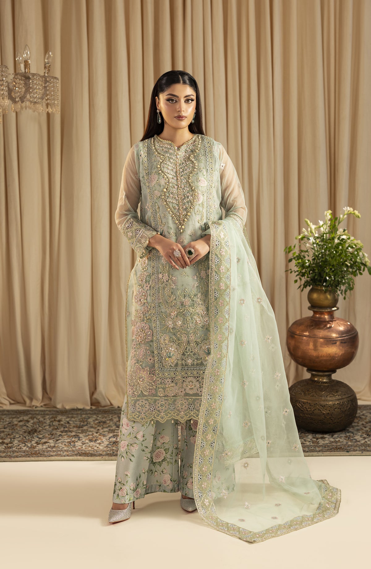 Diara Couture Suave Embroidered Organza Stitched 3 Piece Suit - AMORIA UN-05 - DC25SUV - Aqua - Festive Collection