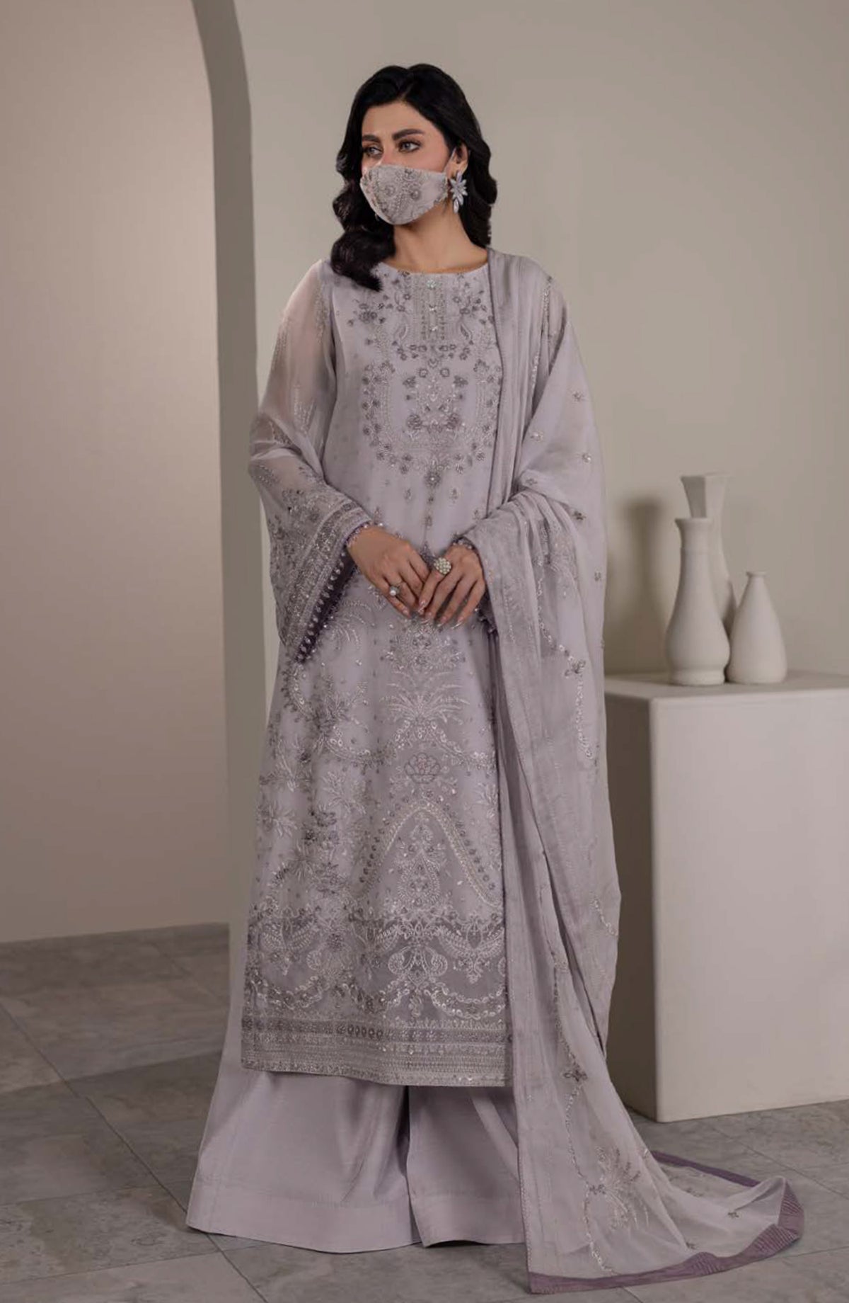 Dilkash Kuch Khas by Flossie Embroidered Chiffon Unstitched 3 Piece Suit - D5 (A) - FLS26DLK - Grey - Luxury Collection