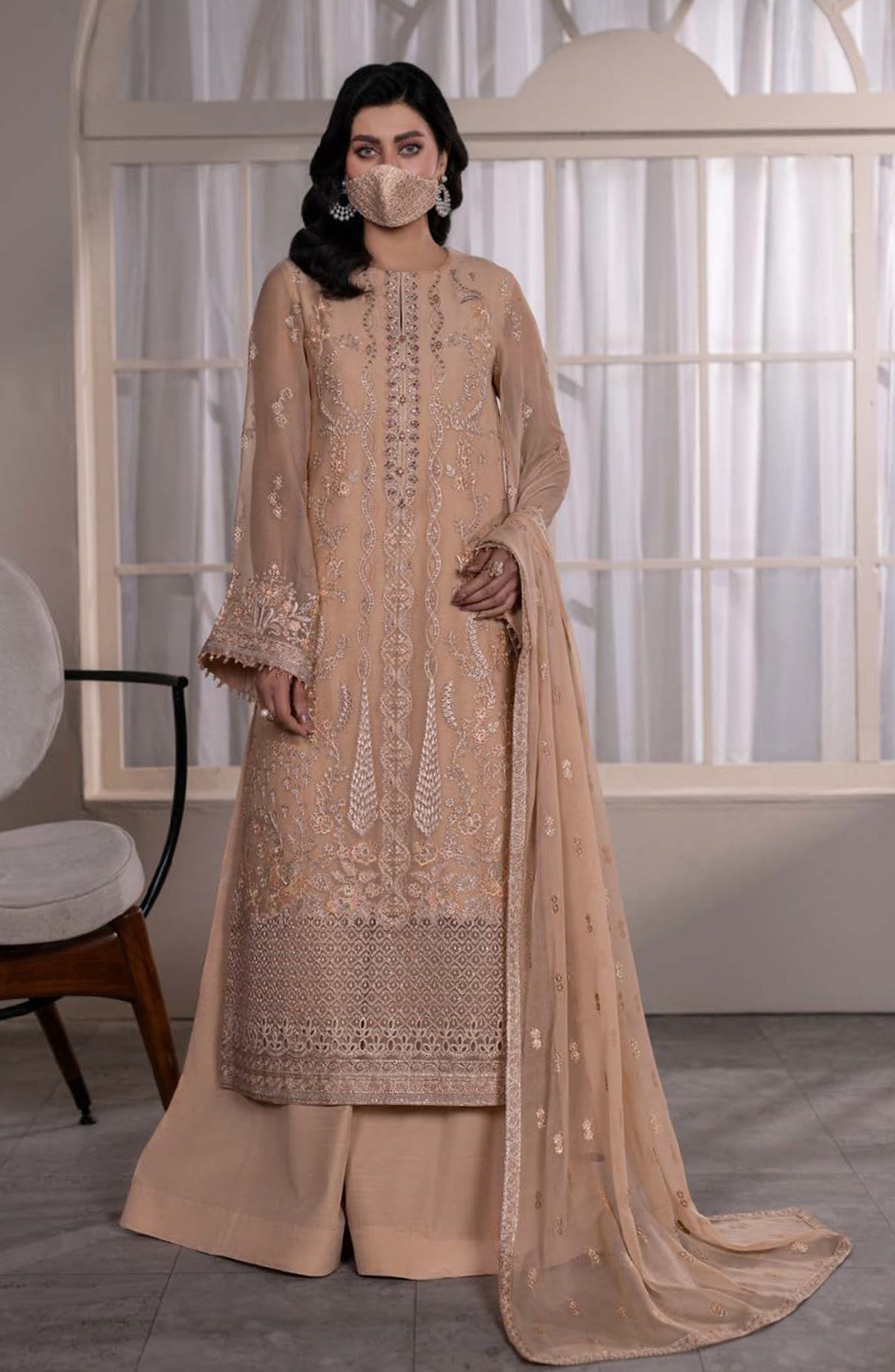 Dilkash Kuch Khas by Flossie Embroidered Chiffon Unstitched 3 Piece Suit - D3 (A) - FLS26DLK - Fawn - Luxury Collection