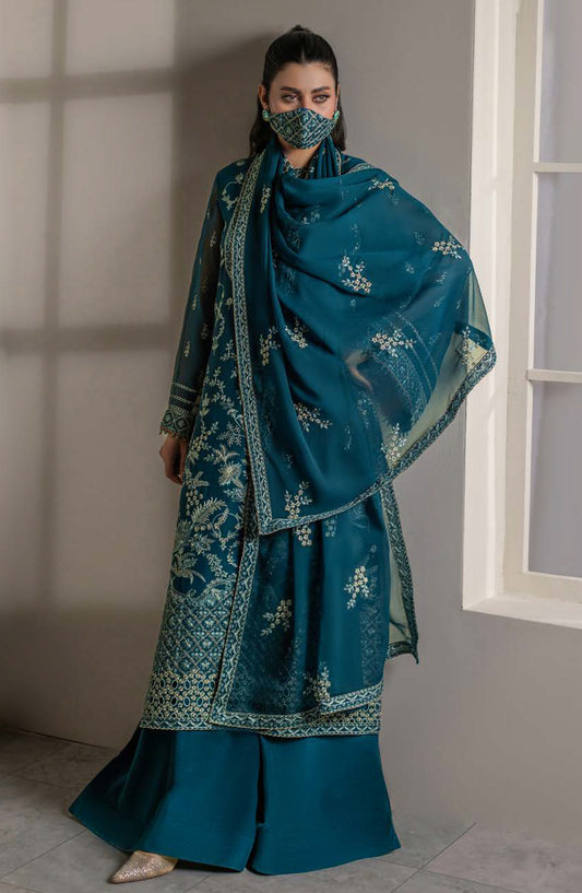 Dilkash Kuch Khas by Flossie Embroidered Chiffon Unstitched 3 Piece Suit - D1 (B) - FLS26DLK - Teal - Luxury Collection