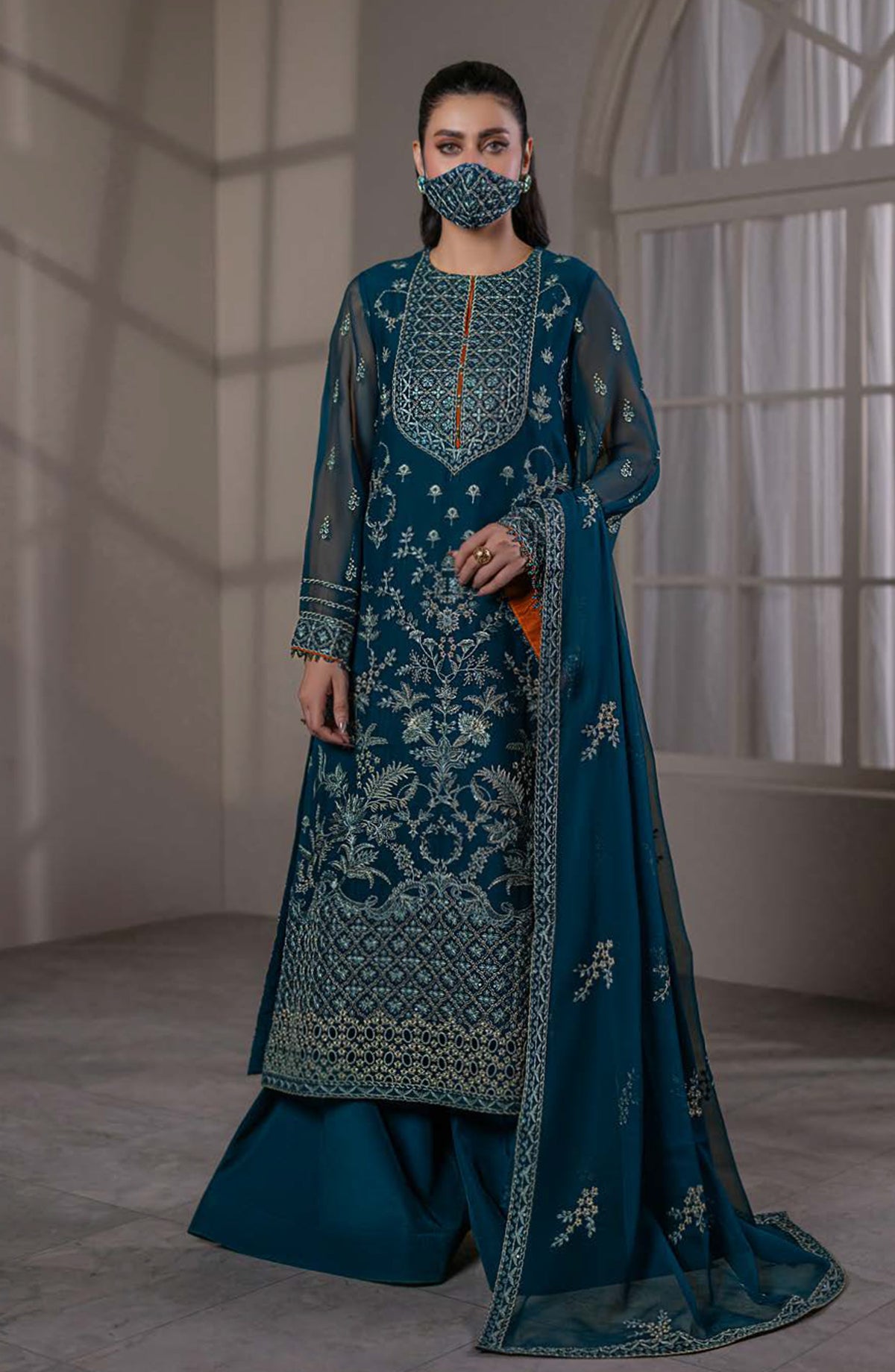 Dilkash Kuch Khas by Flossie Embroidered Chiffon Unstitched 3 Piece Suit - D1 (B) - FLS26DLK - Teal - Luxury Collection