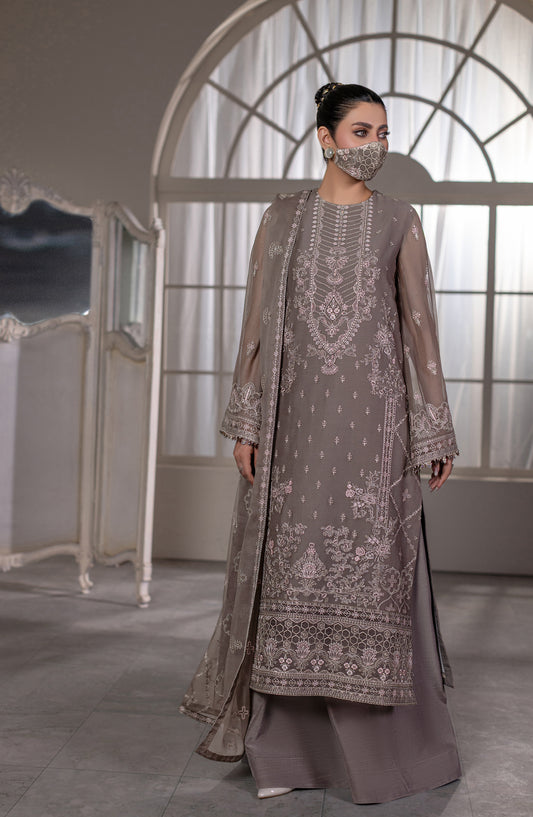 Dilkash Kuch Khas by Flossie Embroidered Chiffon Unstitched 3 Piece Suit - D6 (B) - FLS26DLK - Grey - Luxury Collection
